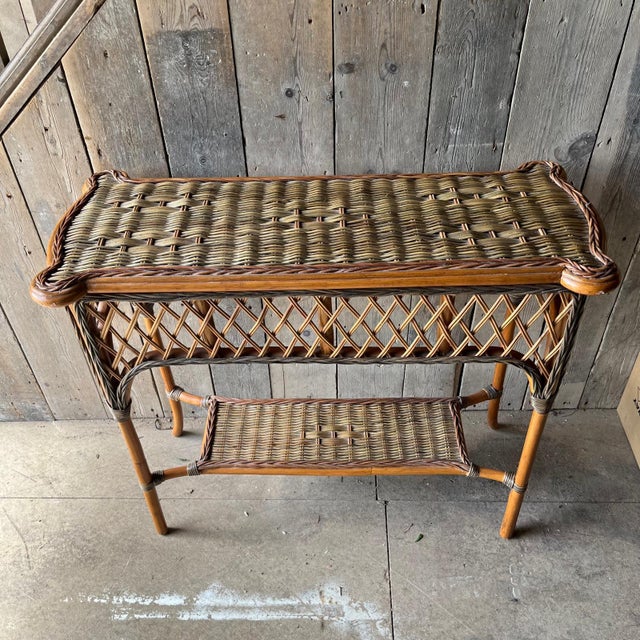 Wood Vintage Wicker 2 Tier Console Table For Sale - Image 7 of 9