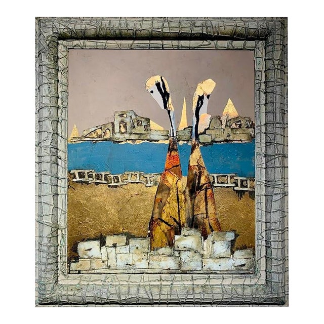 Andrea Stella "Golden Beach" Gold Leaf Oil Mixed Media Painting, Coastal Figurative Abstract, Italian Contemporary Art, 2010 For Sale