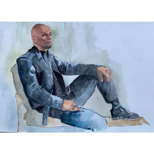 Vintage original watercolor of a handsome man wearing black leather. Painted on arches cold press watercolor paper and is...