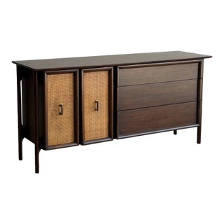 1960s Floating Walnut Dresser With Caned Doors For Sale