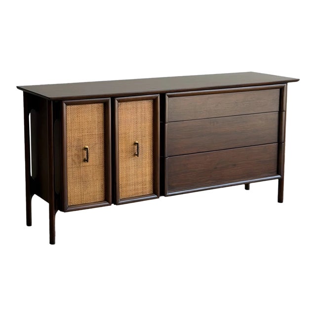1960s Floating Walnut Dresser With Caned Doors For Sale