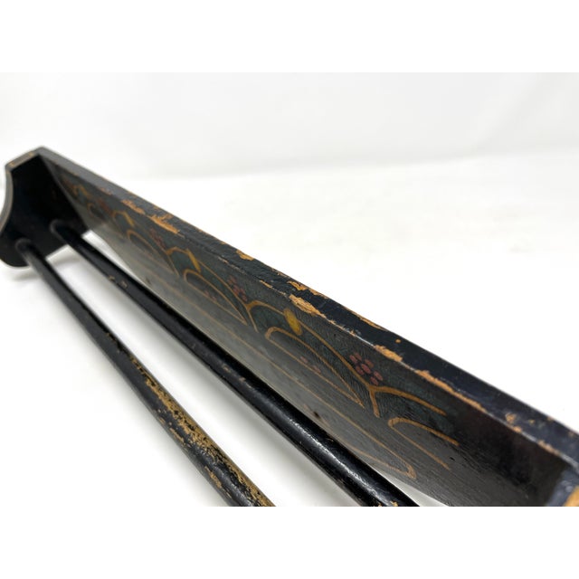 Wood Antique Folk Art Hand-Painted Black Towel Hanger Holder Bar Rack, Wall Mount For Sale - Image 7 of 10