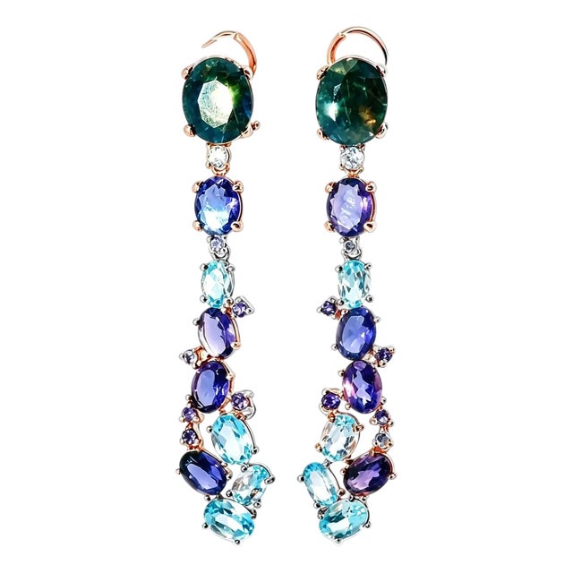 Late 20th Century 14K Rose Gold Vermeil Silver Sapphire Topaz Iolite Designer Drop Earrings, Pair For Sale