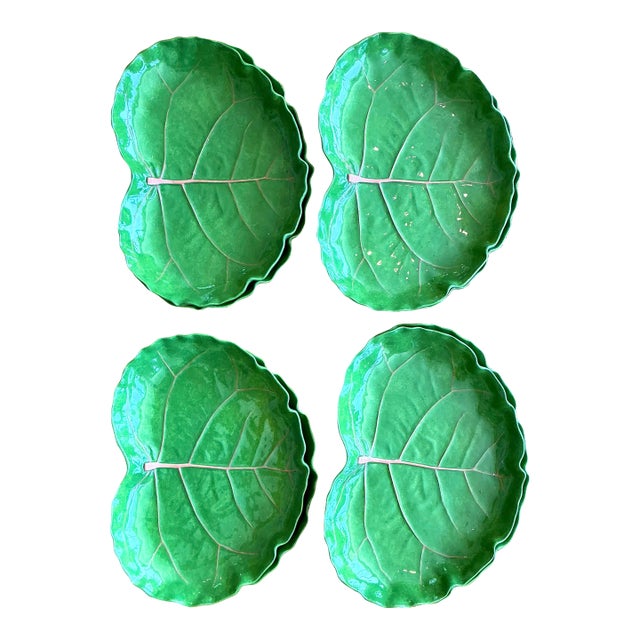 Vintage Glazed Ceramic Cabbage Leaf Plates - Set of 8 For Sale
