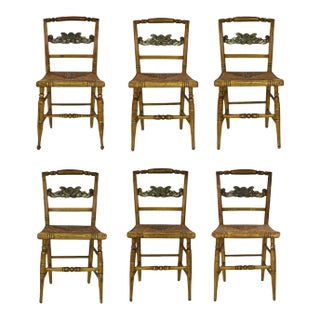 Antique Painted Sheraton Dining Chairs With Rush Seats and Stenciled Backs- Set of 6 For Sale