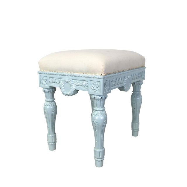 Neoclassical Vintage Neoclassical-Style, Hand-Carved, Upholstered Stool. For Sale - Image 3 of 8