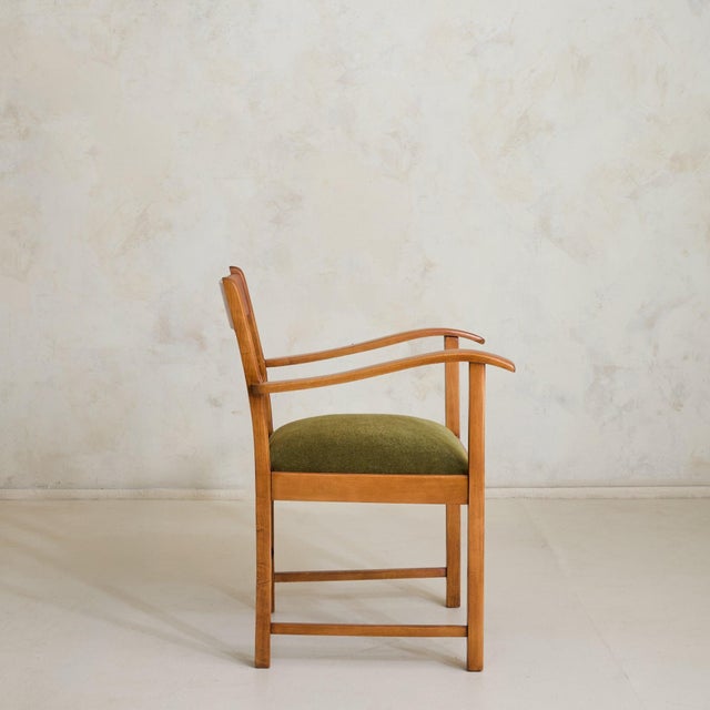 Wood French Oak Armchair with Olive Green Velvet Upholstery, 1950s - 2 Available For Sale - Image 7 of 11