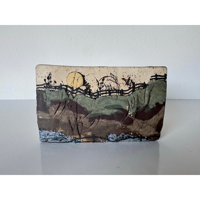 Ceramic 1983 Vintage Studio Pottery Landscape Design Slab Vase For Sale - Image 7 of 12