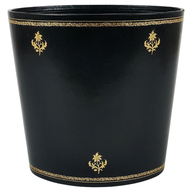 French Black and Gold Leather Wastepaper Basket, 1970s For Sale