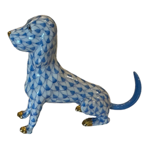 Classic Sapphire Blue Fishnet Pattern Herend Hand Painted Sitting Dog Domestic Animal Figurine W/ 22k Gold Accents