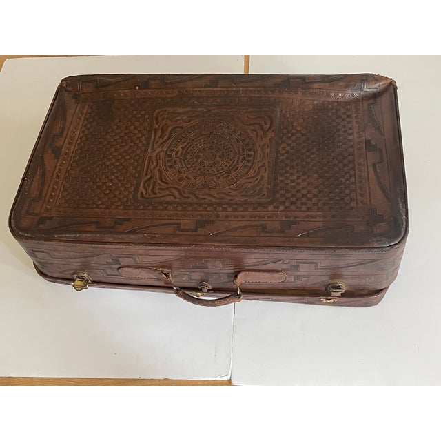 Reduced-Antque American Embossed Leather With Eagle Travelling Trunk For Sale - Image 4 of 11