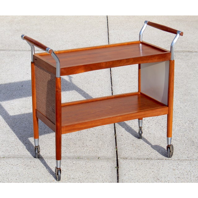 Mid-Century Modern Mid-Century Modern Teak Rolling Bar Cart / Serving Trolley With Chrome Handles For Sale - Image 3 of 12