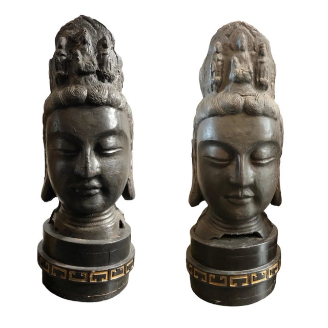 Black Heroic Ming Bodhisaatva Cast Iron Heads - Set of 2 For Sale - Image 8 of 8