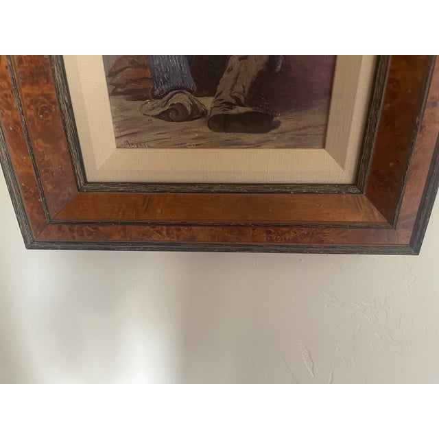 1920s Folk Art Turkish Cobbler (Köşker) Oil Painting & Larson Juhl Burl Wood Frame For Sale - Image 4 of 7