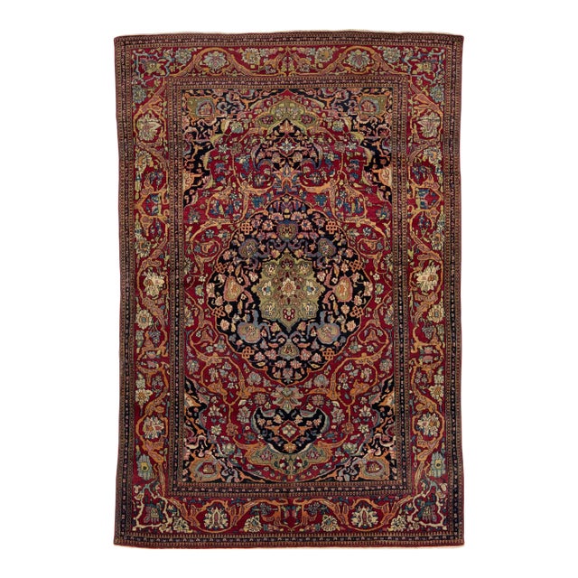 Antique Kerman Persian Red Wool Rug With a Rosette Motif For Sale