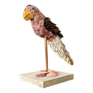 Vintage Boho Shell Encrusted Bird on a Perch For Sale