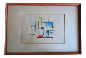 1948 "Town" Modernist Style Watercolor Painting, Framed