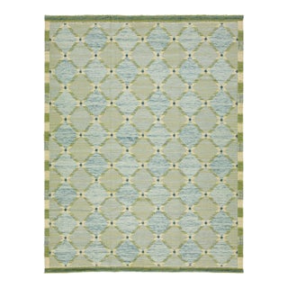 Swedish Style Green/Blue Modern Wool Rug Handmade With Geometric Pattern For Sale
