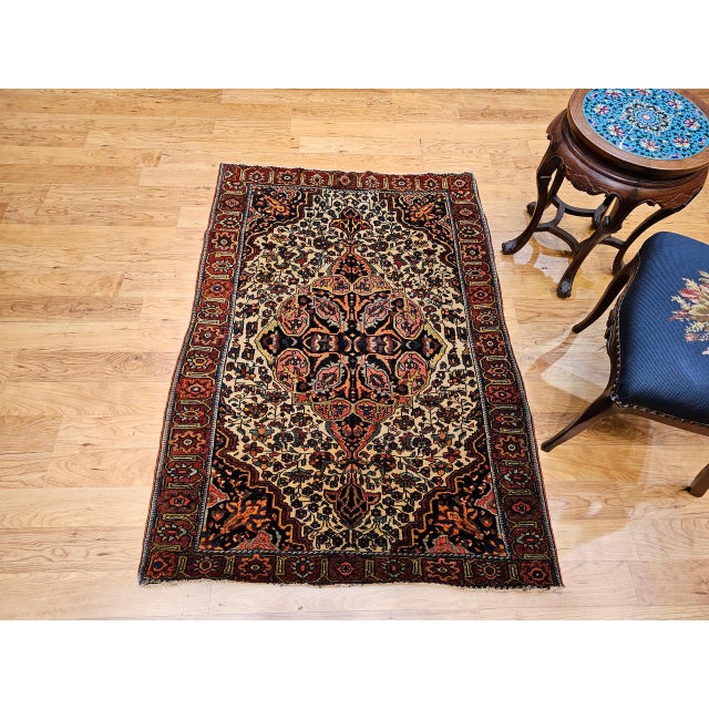Persian 19th Century Persian Farahan Rug, Hand-Knotted Wool, Floral Pattern, Tan & Navy, 4x5 For Sale - Image 3 of 16