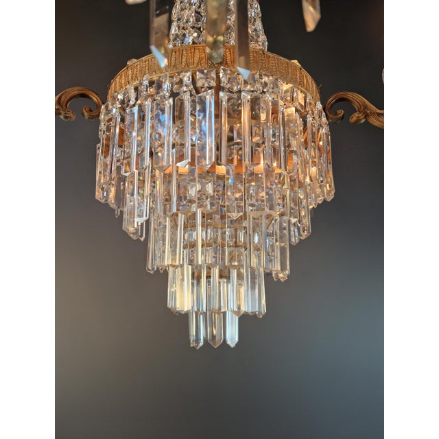 Metal Antique Italian Neoclassical Crystal Chandelier Brass Original Wooden Sockets For Sale - Image 7 of 11