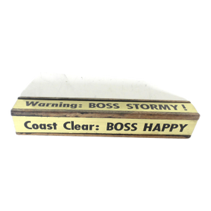 Vintage Brass and Wood Triangular Prism Desk Sign Warning Boss Is Stormy Coast Clear Happy Paperweight Gift Boss Dad Nautical Office Decor