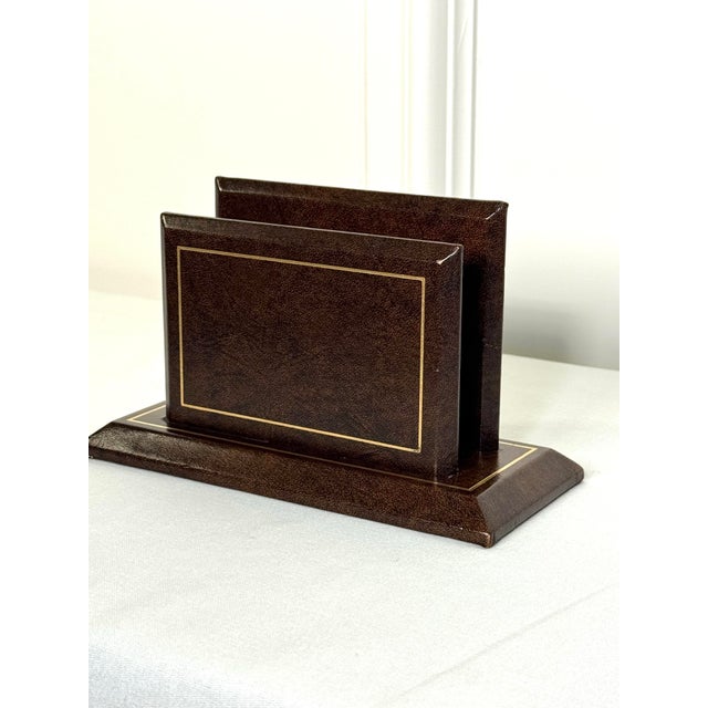 American Vintage Genuine Brown Leather With Gold Tooling Letter Holder Desk Accessory For Sale - Image 3 of 10