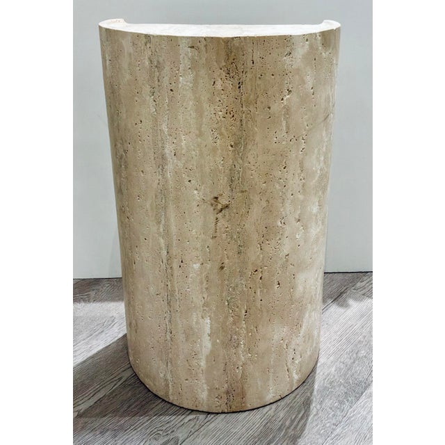 Original retail $1116, stylish Revelation Modern Travertine Basilica Accent Table, showroom floor sample