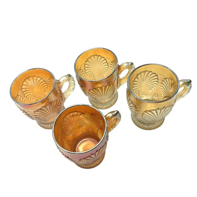 1910s Dugan Diamond Beaded Shell Carnival Marigold Glass Mugs W/ Handles - Set of 4 For Sale - Image 4 of 7