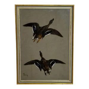 Antique British Victorian Painting Game Birds Ducks Flying Away by Thomas Blinks, Framed