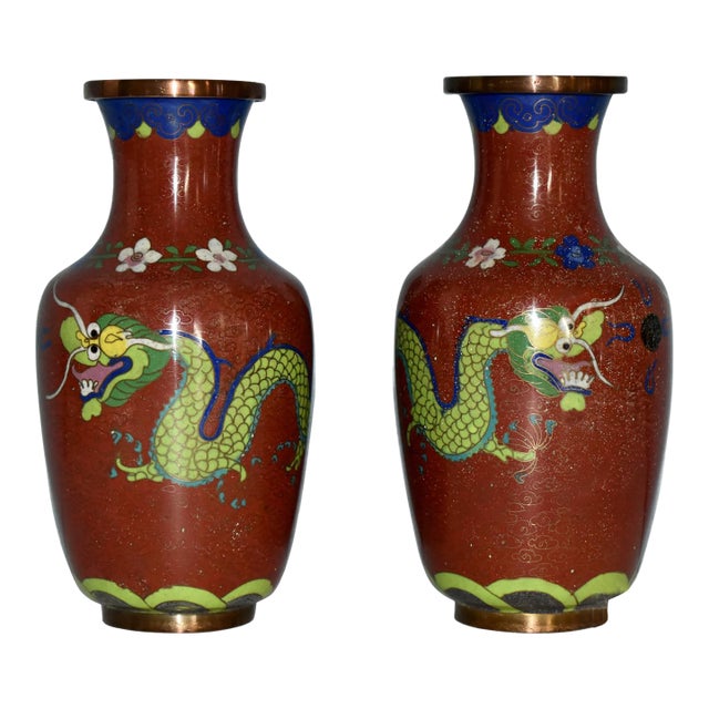 Vintage Pair of Chinese Cloisonné' Dragon Motif Vases For Sale
