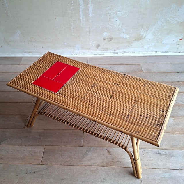 French Rattan Coffee Table with Tiles, 1960s For Sale - Image 11 of 11