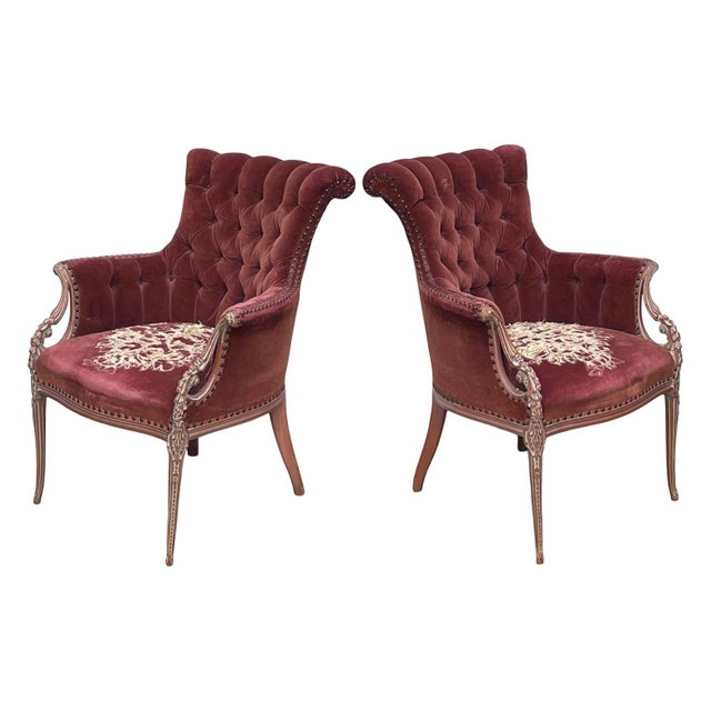 1920s 1930s Velvet Carved Wood Victorian Louie XVI Style Armchair-A Pair For Sale - Image 5 of 5