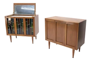 Two Non Matching Walnut Liquor and Storage Cabinets Stained Glass - a Pair