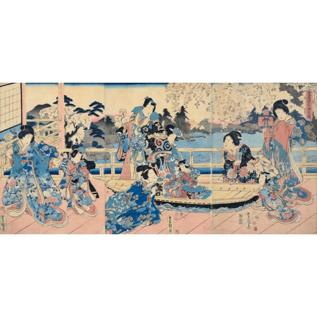 Elegant Amusements of Eastern Genji - Japanese Triptych Woodblock Print on Paper Dynamic woodblock print with several...