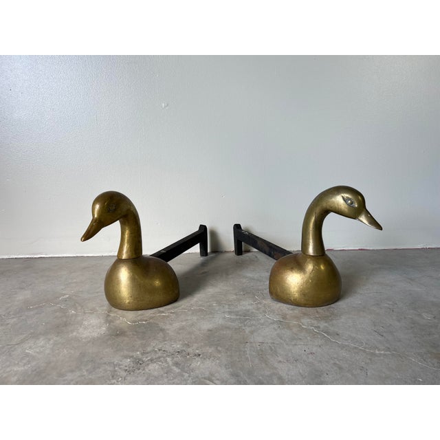 Vintage Heavy Brass Duck Goose Head Andirons Fire Dog Fireplace Chairish