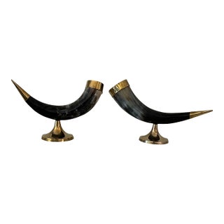 1970s Vintage Decorative Black Horn With Brass Style Fittings - A Pair For Sale