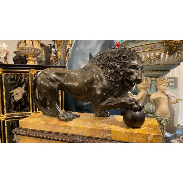 French Bronze Lion and Sienna Marble Clock with Silk Suspension, 1820s For Sale - Image 4 of 6