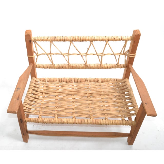 Vintage American Mid-Century Modern Woodworking & Cane Handwoven Doll, Teddy Bear Bench For Sale - Image 11 of 13
