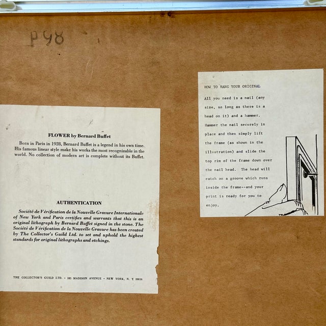 Vintage Bernard Buffet "Flowers" 1968 Lithograph – Framed Original W/ C O A, Collector’s Guild New York For Sale In San Diego - Image 6 of 6