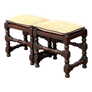 Vintage Turned Wood Low Stools With Caning For Sale