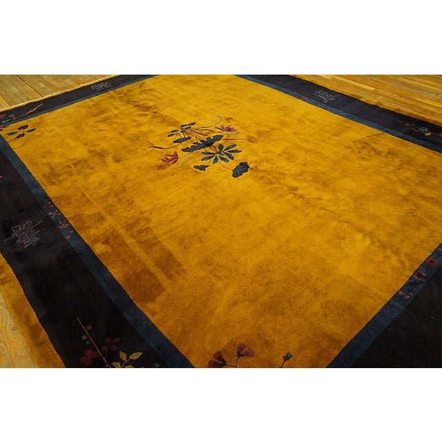 Art Deco 1920s Antique Chinese Minimalist Floral Art Deco Room Size Wool Blue Yellow Rug For Sale - Image 3 of 7