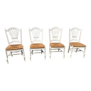 Late 20th Century Ethan Allen Wheat Back White Painted Rush Seat Dining Chairs- Set of 4 For Sale
