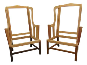 Chippendale Style Benchmade Tiger Maple Wing Chairs - a Pair