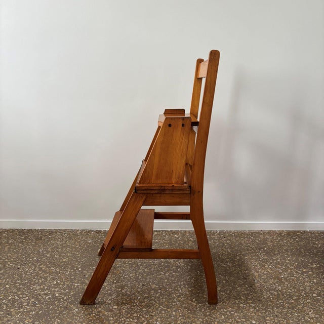 Oak Wooden Library Ladder and Chair, Netherlands, 1930s For Sale - Image 6 of 10