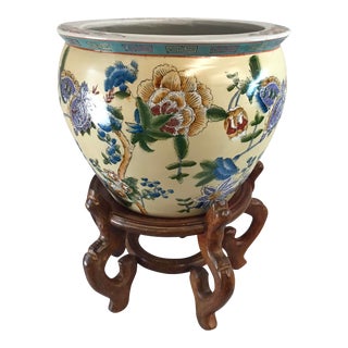 Vintage Asian Ceramic Cache Pot Jardiniere Koi Fish Bowl Planter Jardiniere For Sale