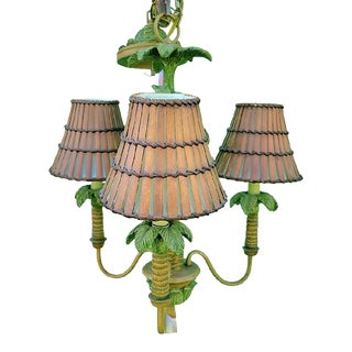 Small 3 Light Tropical Regency Green Palm Tree Leaf Bamboo Shade Chandelier Light Fixture For Sale