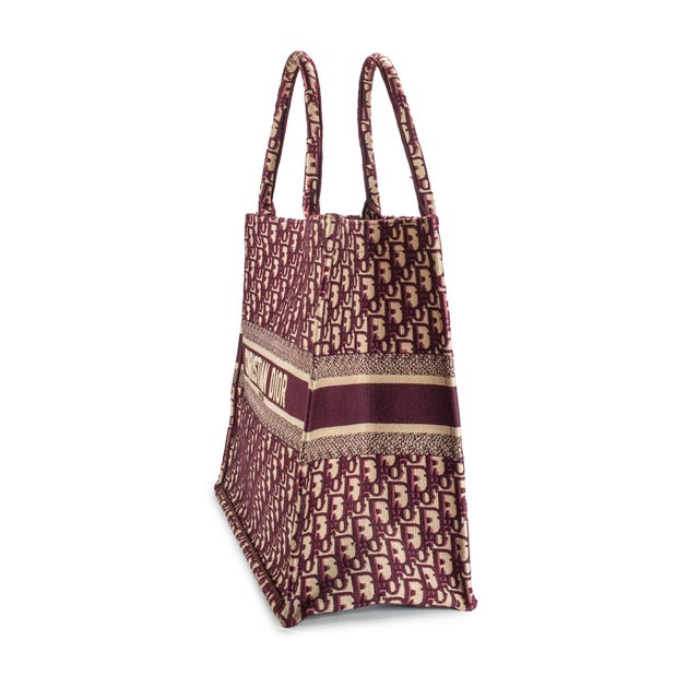 Modern Christian Dior Book Medium Oblique Embroidery Burgundy Canvas Tote Bag For Sale - Image 3 of 8