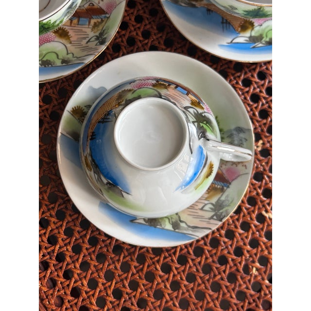Blue 1930s Japanese Kutani Lithophane Cup & Saucer Set of 3 Taisho Showa Fuji Signed For Sale - Image 8 of 12