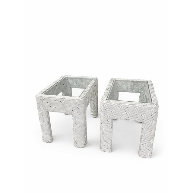 1980s Coastal White Woven Rattan Glass-Top Side Tables—Pair For Sale In Las Vegas - Image 6 of 7