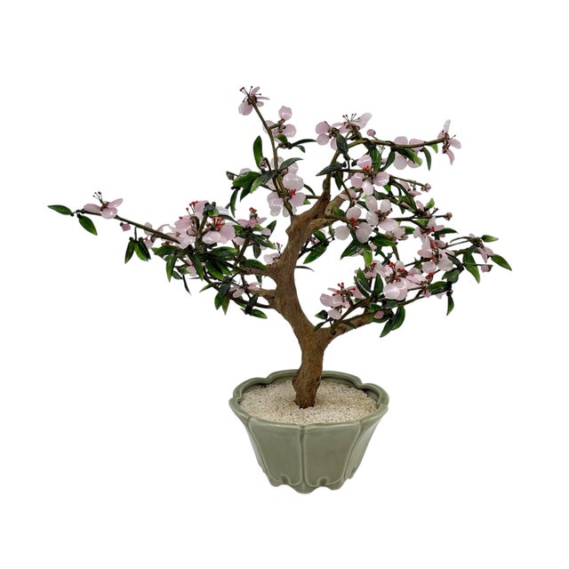 1970s Vintage 1970s Pink Glass Bonsai Tree Statue With Celadon Potted Base For Sale - Image 5 of 12